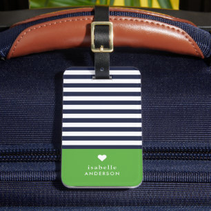 Navy Blue and Green Chic Stripes Heart Monogram Luggage Tag