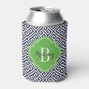 Navy Blue and Green Greek Key Monogram Can Cooler