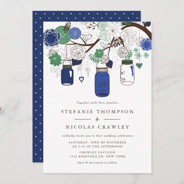 Navy Blue and Green Hanging Mason Jars Wedding Invitation (Front/Back)