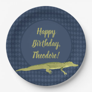 Navy Blue and Green Men's Alligator Birthday Party Paper Plate