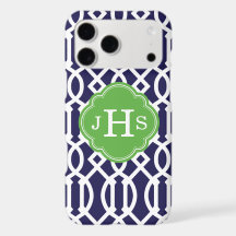 Navy Blue and Green Modern Trellis Monogram
