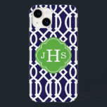 Navy Blue and Green Modern Trellis Monogram Case-Mate iPhone 14 Case<br><div class="desc">Cute Girly Trendy Chic Stylish Preppy Geometric Modern Trellis Pattern. Add your custom personalized monogram initials or name. Click the Customize It button to change fonts and colours for a unique one-of-a-kind design.</div>