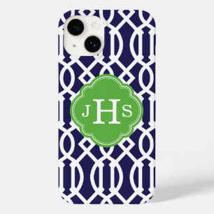 Navy Blue and Green Modern Trellis Monogram Case-Mate iPhone 14 Case