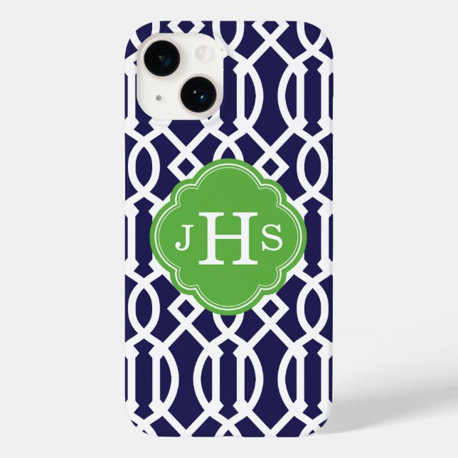 Navy Blue and Green Modern Trellis Monogram Case-Mate iPhone Case (Back)