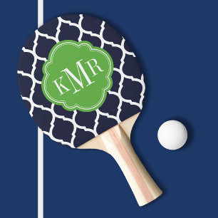 Navy Blue and Green Moroccan Quatrefoil Monogram Ping Pong Paddle