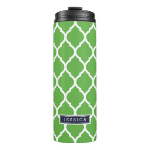 Navy Blue and Green Moroccan Quatrefoil Monogram Thermal Tumbler