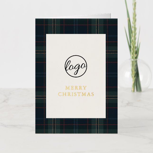 Navy Blue and Green Plaid Business Christmas Foil Holiday Card (Front)