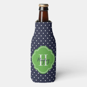 Navy Blue and Green Polka Dots Monogram Bottle Cooler