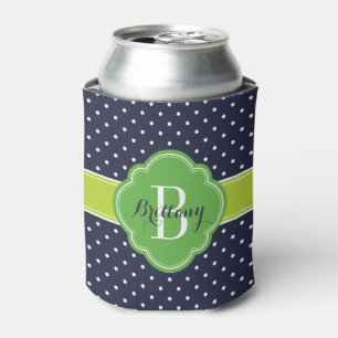 Navy Blue and Green Polka Dots Monogram Can Cooler