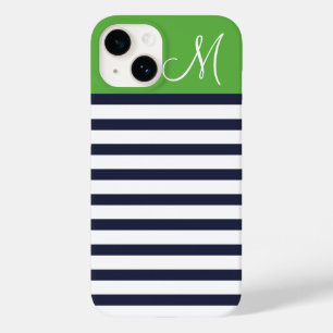 Navy Blue and Green Preppy Stripes Custom Monogram Case-Mate iPhone 14 Case