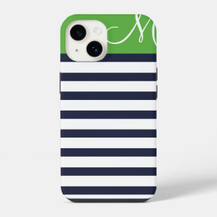 Navy Blue and Green Preppy Stripes Custom Monogram iPhone 14 Case
