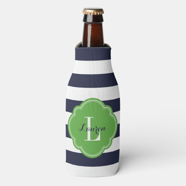 Navy Blue and Green Preppy Stripes Monogram Bottle Cooler (Bottle Front)