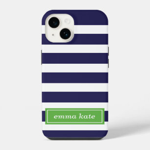 Navy Blue and Green Preppy Stripes Monogram iPhone 14 Case