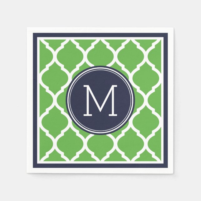 Navy Blue and Green Quatrefoil Wedding Monogram Napkin (Front)