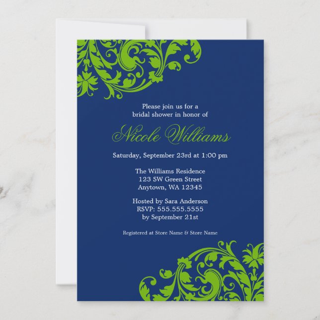 Navy Blue and Green Swirl Flourish Bridal Shower Invitation (Front)