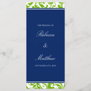 Navy Blue and Green Swirls Damask Wedding Program