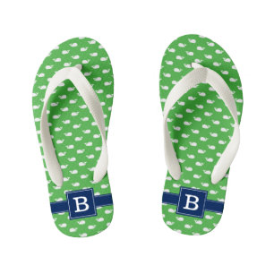 Navy Blue and Green Whales Square Monogram Kid's Flip Flops