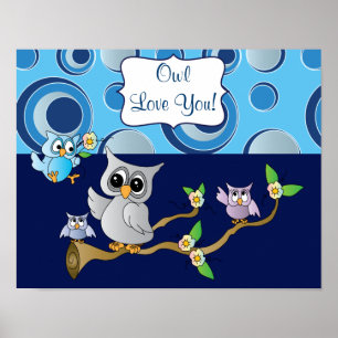 Navy Blue and Grey  Baby Owl Nursery Design Poster