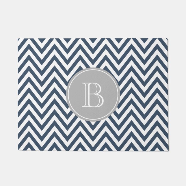 Navy Blue and Grey Chevron Custom Monogram Doormat (Front)