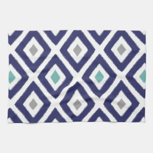 Navy Blue and Grey Ikat Diamond Pattern Kitchen Towel