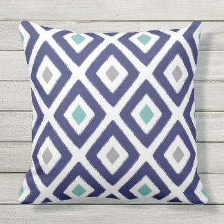 Navy Blue and Grey Ikat Diamond Pattern Throw Pillow