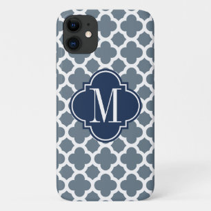 Navy Blue and Grey Quatrefoil Custom Monogram iPhone 11 Case