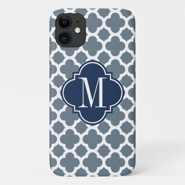 Navy Blue and Grey Quatrefoil Custom Monogram Case-Mate iPhone Case (Back)