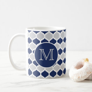 Navy Blue and Grey Quatrefoil Monogram Coffee Mug
