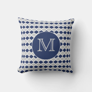 Navy Blue and Grey Quatrefoil Monogram Throw Pillow