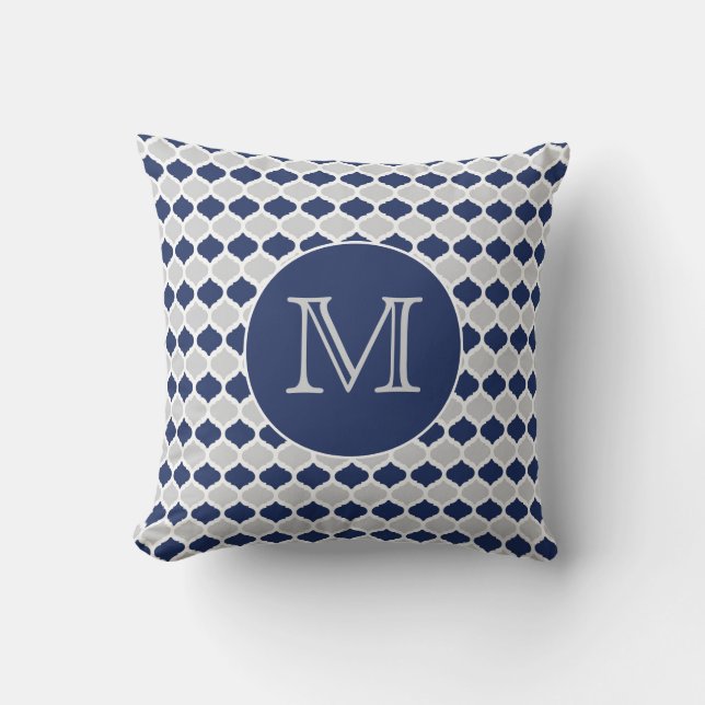 Navy Blue and Grey Quatrefoil Monogram Throw Pillow (Front)