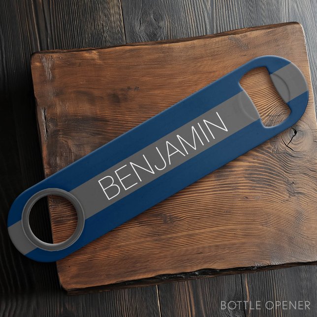Navy Blue and Grey Rugby Stripes with Custom Name Bar Key (Custom Bar Key)