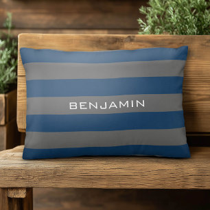 Navy Blue and Grey Rugby Stripes with Custom Name Decorative Pillow