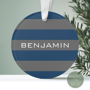 Navy Blue and Grey Rugby Stripes with Custom Name Ornament