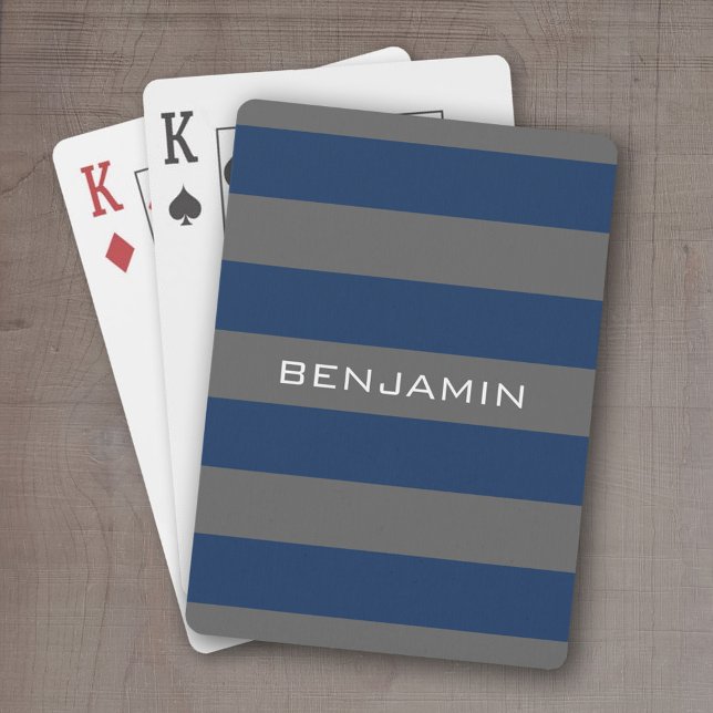 Navy Blue and Grey Rugby Stripes with Custom Name Playing Cards (Personalized playing cards - sporty, preppy stripe pattern with name. Great gift for the guys!)