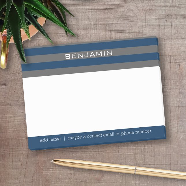 Navy Blue and Grey Rugby Stripes with Custom Name Post-it Notes (Personalized Post-It Notes - add name or other text)