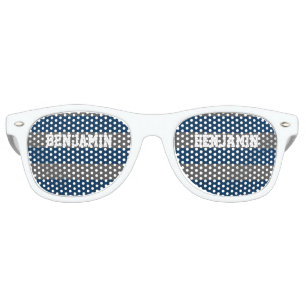 Navy Blue and Grey Rugby Stripes with Custom Name Retro Sunglasses