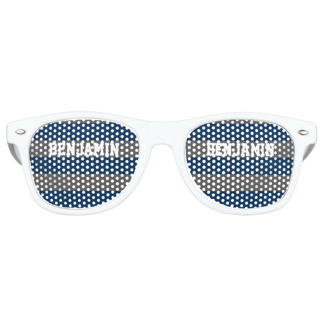Navy Blue and Grey Rugby Stripes with Custom Name Retro Sunglasses (Front)