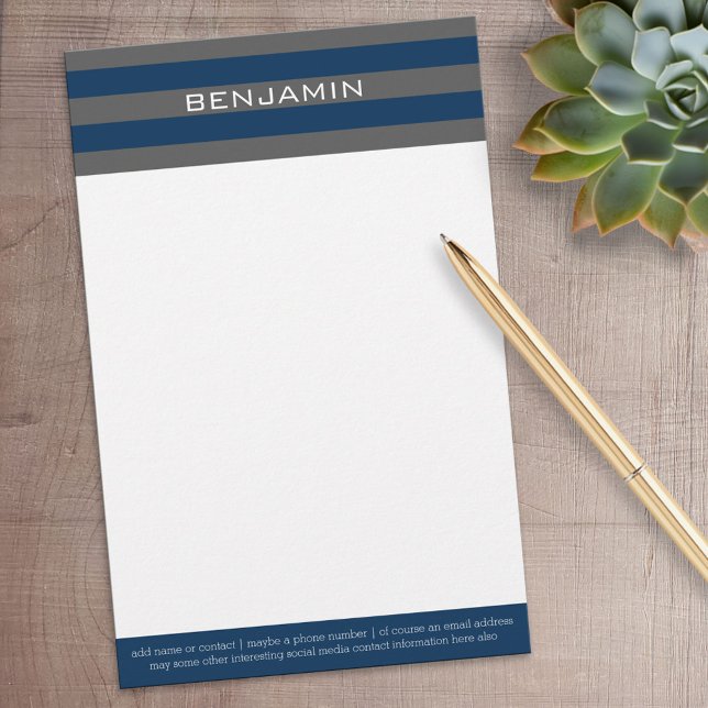 Navy Blue and Grey Rugby Stripes with Custom Name Stationery (Personalized Stationery)