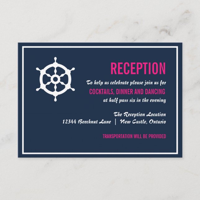 Navy Blue and Hot Pink Nautical Reception Enclosure Card (Front)