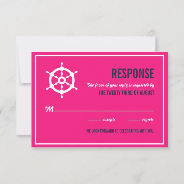 Navy Blue and Hot Pink Nautical Wedding RSVP Card (Front)