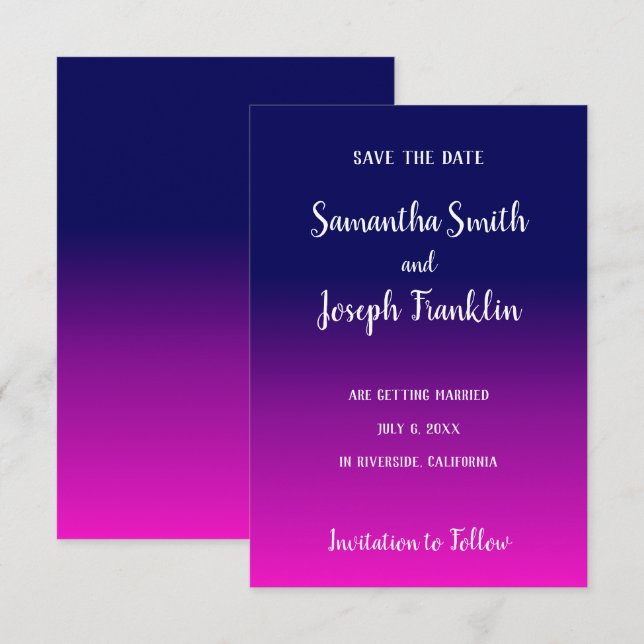 Navy Blue and Hot Pink Ombre Save the Date Invitation (Front/Back)