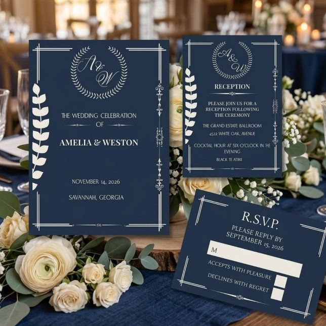 Navy Blue and Ivory Elegant  Monogram Wedding Menu (Creator Uploaded)