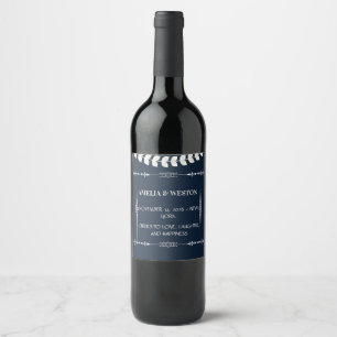 Navy Blue and Ivory Elegant Ornamental Wedding Wine Label