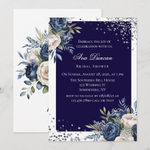 Navy Blue and Ivory Floral Bridal Shower Invitation