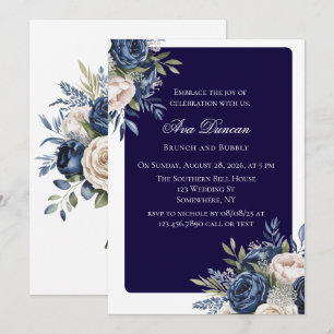 Navy Blue and Ivory Floral Brunch and Bubbly Invitation