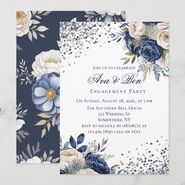 Navy Blue and Ivory Floral Engagement Party Invitation (Front/Back)