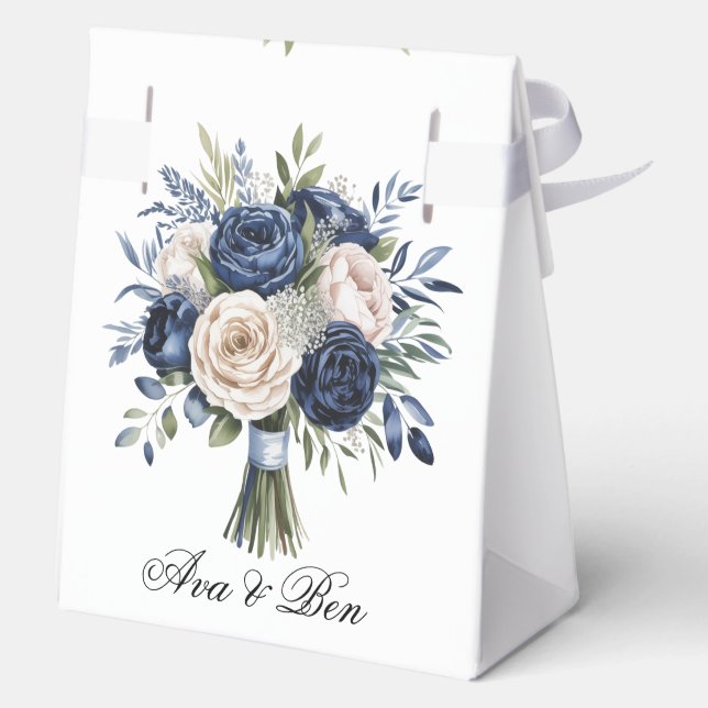 Navy Blue and Ivory Floral Wedding Favor Box (Back)