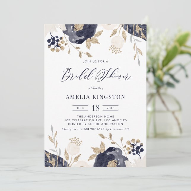 Navy Blue and Ivory Flowers Gold Bridal Shower Invitation (Standing Front)