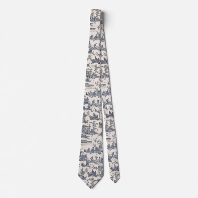 Navy Blue and Ivory French Toile Neck Tie (Front)