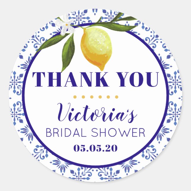 Navy Blue and Lemon bridal shower round sticker (Front)